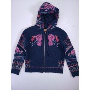 Driftwood Teddy Jacket XS Blue Embroidered Zip Up Hoodie Floral Boho